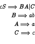 \begin{eqnarray*}{c}
S \Longrightarrow BA \vert C \\
B \Longrightarrow ab \\
A \Longrightarrow a \\
C \Longrightarrow c \\
\end{eqnarray*}